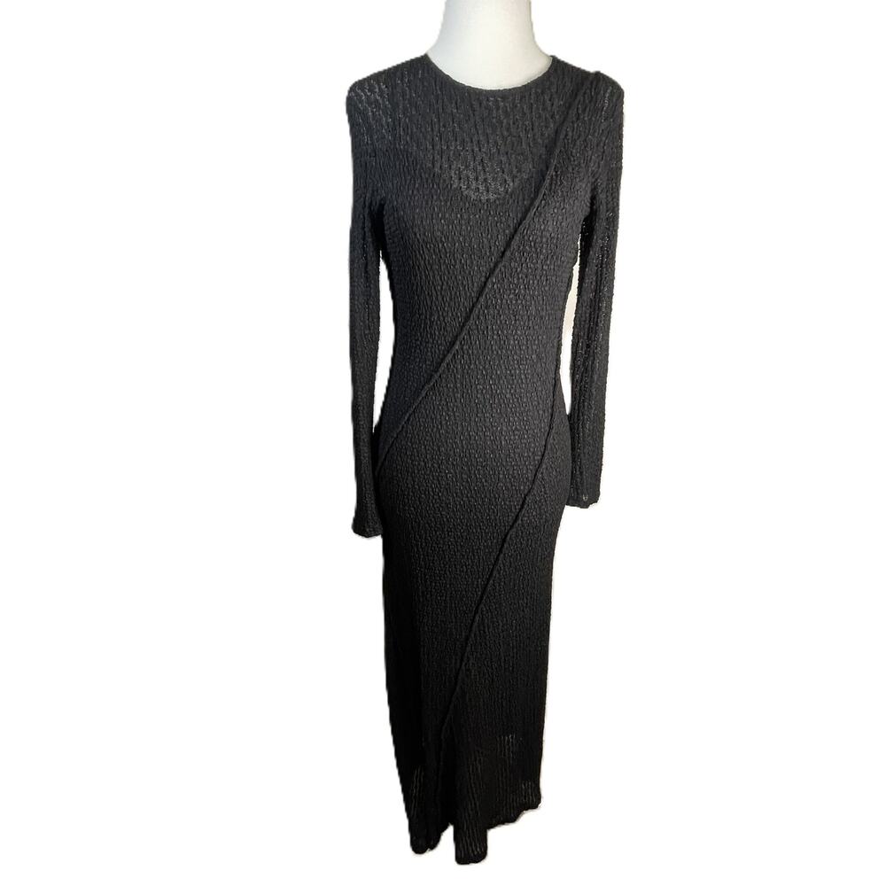 Zara Black Backless Maxi Dress Medium Bodycon Textured‎ Mesh Bell Sleeve Goth